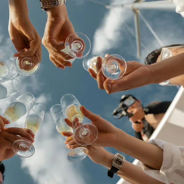 Glasses raised for a toast against the sky