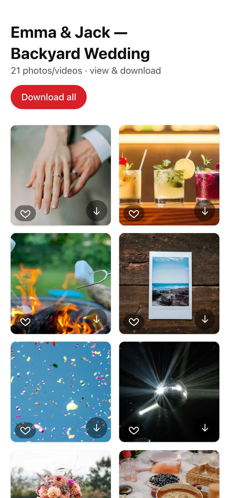The sample album on a phone: a grid of wedding photos with a Download all button